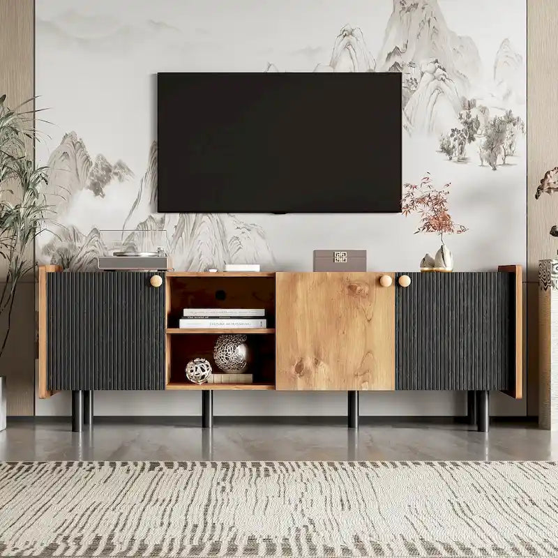 61" TV Stand with 3 Cabinets & Open Shelves, Media Console for TVs up to 70", Mid-Century Entertainment Center
