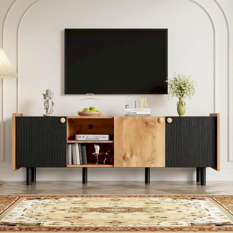 61" TV Stand with 3 Cabinets & Open Shelves, Media Console for TVs up to 70", Mid-Century Entertainment Center