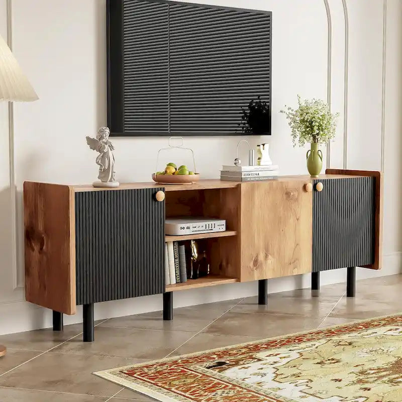 61" TV Stand with 3 Cabinets & Open Shelves, Media Console for TVs up to 70", Mid-Century Entertainment Center