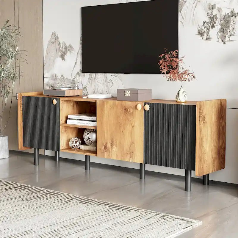 61" TV Stand with 3 Cabinets & Open Shelves, Media Console for TVs up to 70", Mid-Century Entertainment Center