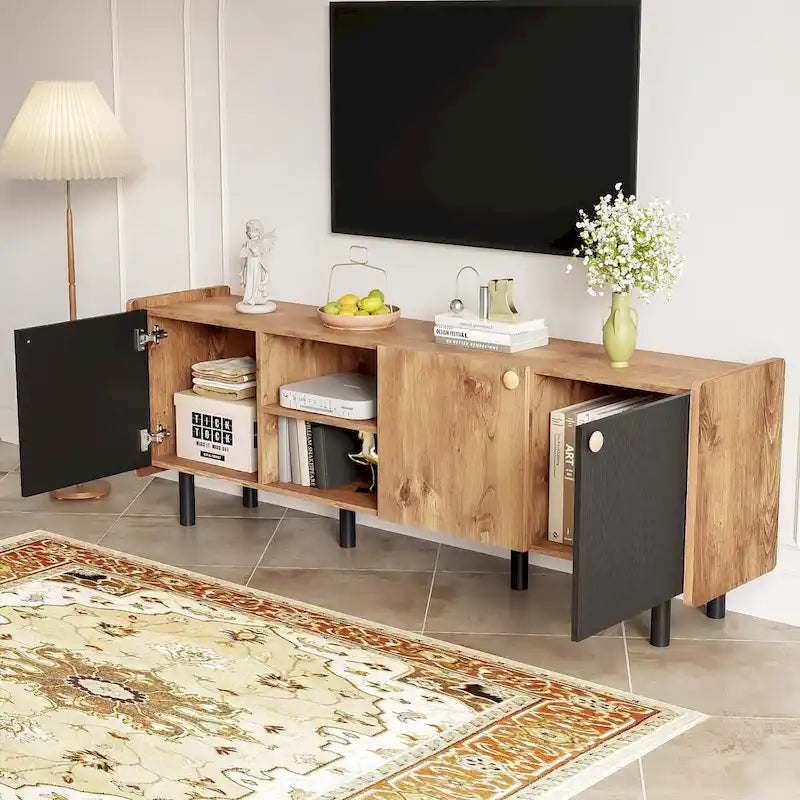61" Mid-Century-TV-Schrank mit 3 Türen und offenen Fächern, Medienkonsole für Fernseher bis 70", Entertainment-Center im Mid-Century-Stil