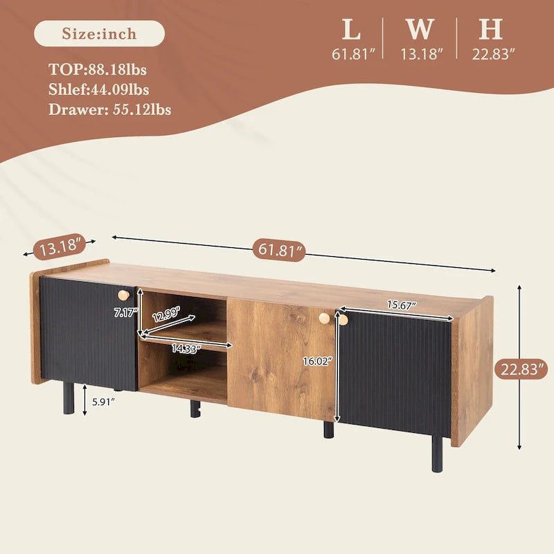 61" Mid-Century-TV-Schrank mit 3 Türen und offenen Fächern, Medienkonsole für Fernseher bis 70", Entertainment-Center im Mid-Century-Stil