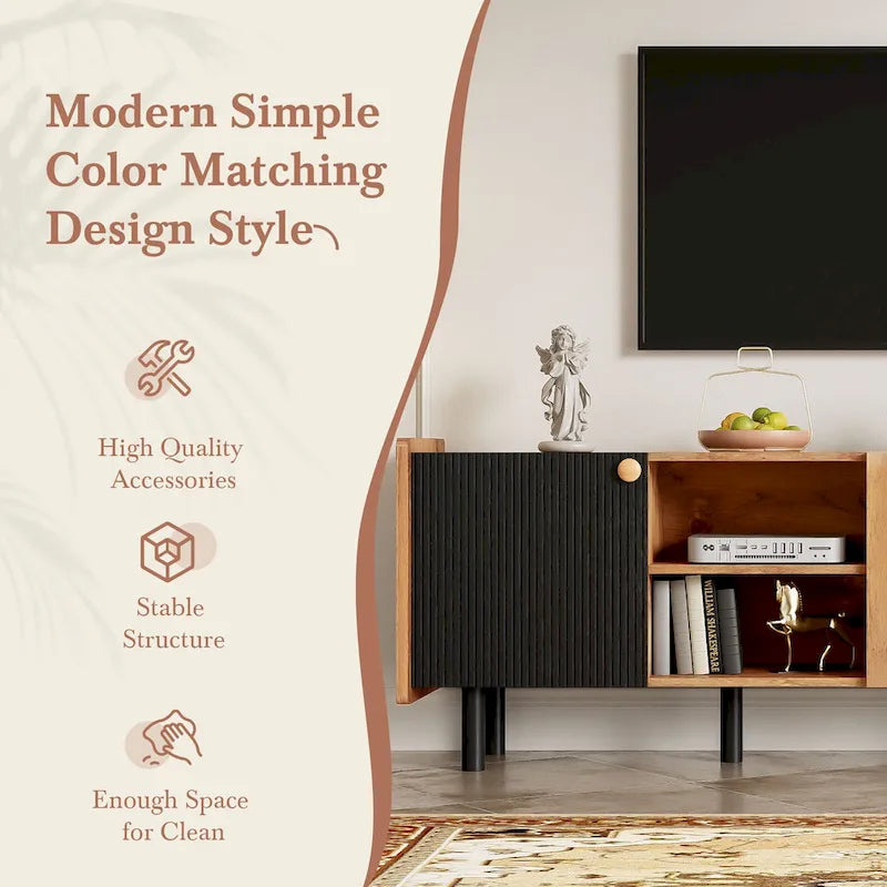 61" Mid-Century-TV-Schrank mit 3 Türen und offenen Fächern, Medienkonsole für Fernseher bis 70", Entertainment-Center im Mid-Century-Stil