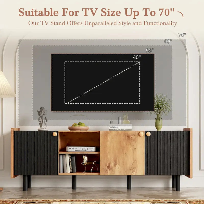 61" Mid-Century-TV-Schrank mit 3 Türen und offenen Fächern, Medienkonsole für Fernseher bis 70", Entertainment-Center im Mid-Century-Stil