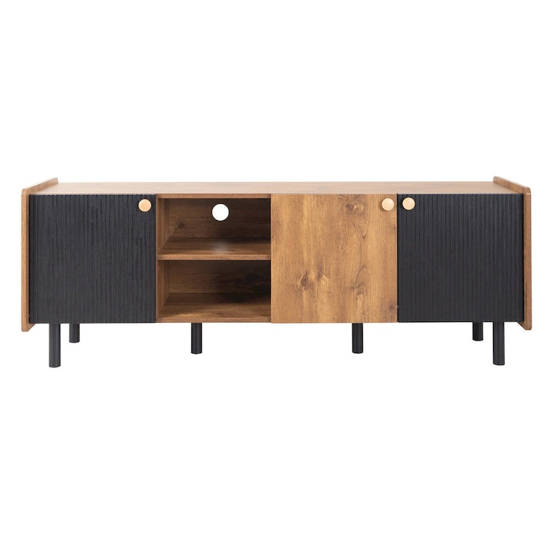 61" Mid-Century-TV-Schrank mit 3 Türen und offenen Fächern, Medienkonsole für Fernseher bis 70", Entertainment-Center im Mid-Century-Stil