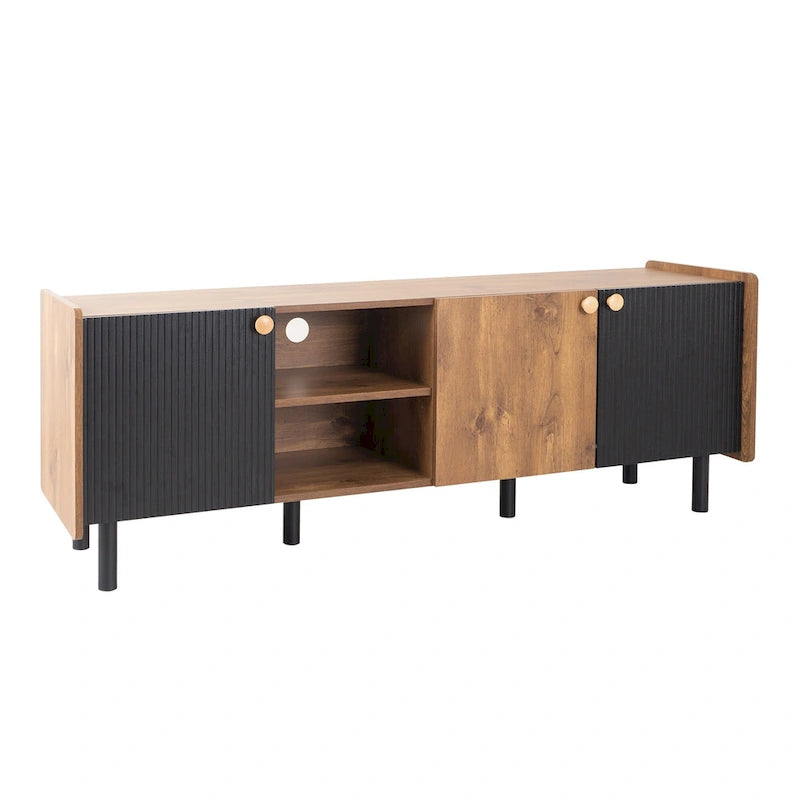 61" Mid-Century-TV-Schrank mit 3 Türen und offenen Fächern, Medienkonsole für Fernseher bis 70", Entertainment-Center im Mid-Century-Stil