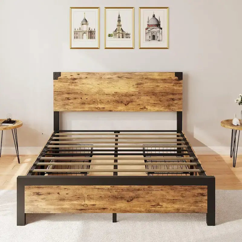 Metal Platform Bed Frame with 4 Storage Drawers, Wooden Headboard
