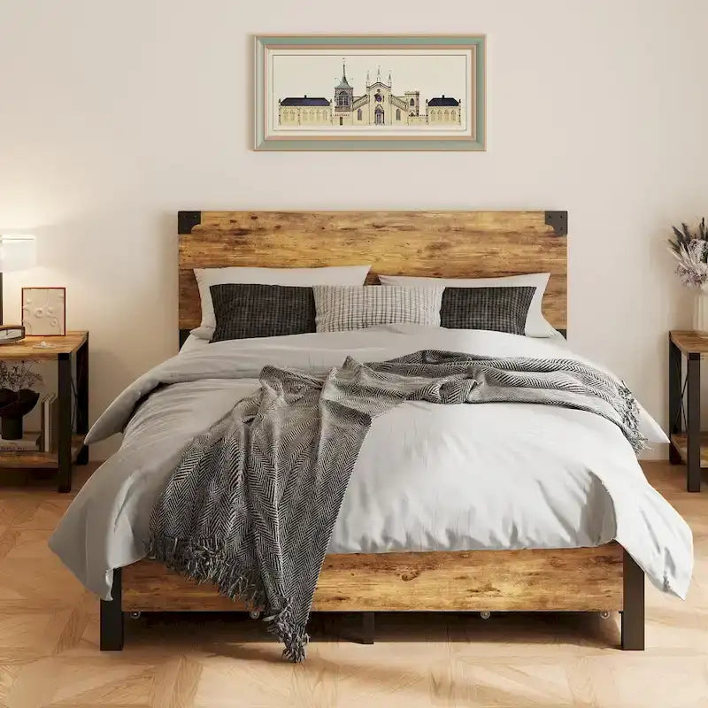 Metal Platform Bed Frame with 4 Storage Drawers, Wooden Headboard