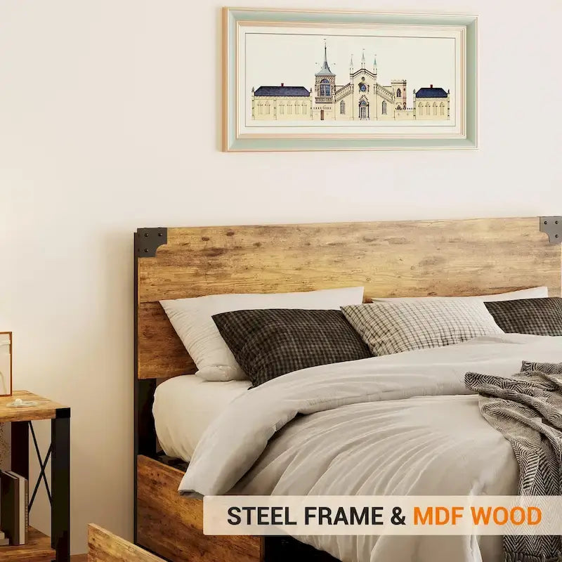 Metal Platform Bed Frame with 4 Storage Drawers, Wooden Headboard