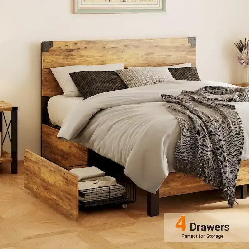 Metal Platform Bed Frame with 4 Storage Drawers, Wooden Headboard