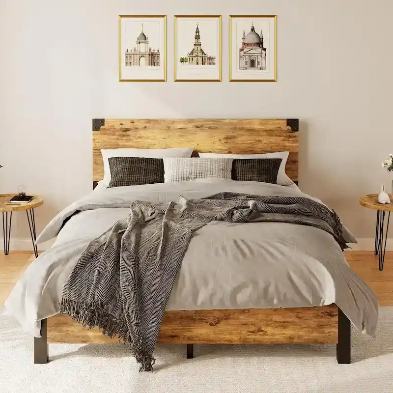 Metal Platform Bed Frame with 4 Storage Drawers, Wooden Headboard