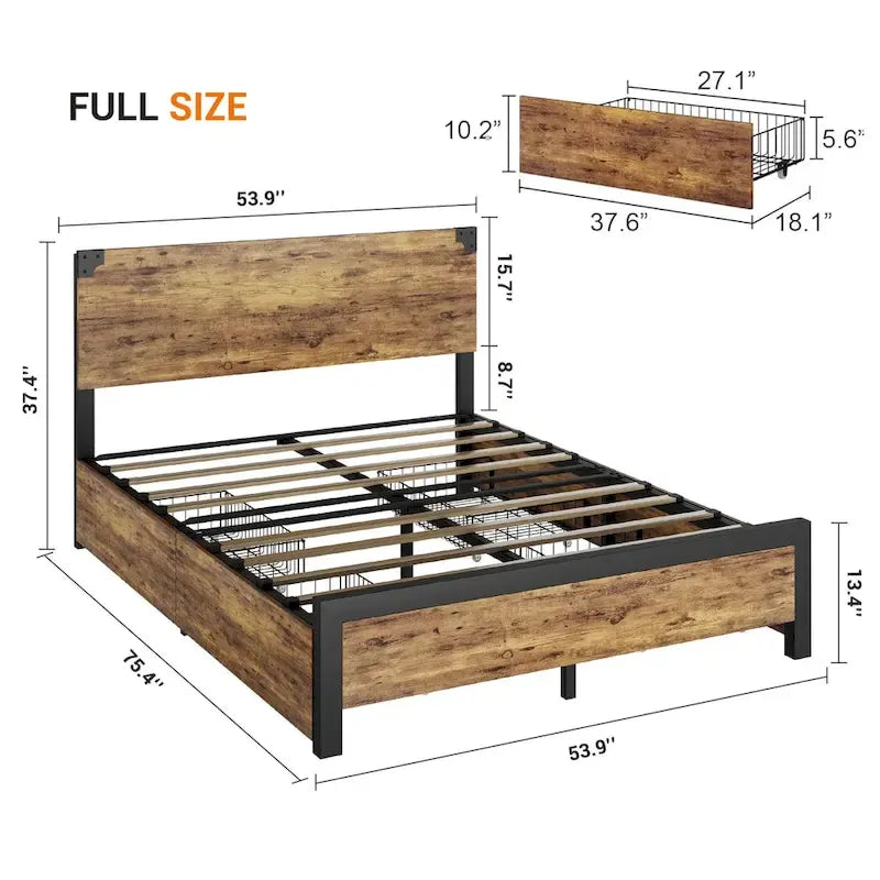 Metal Platform Bed Frame with 4 Storage Drawers, Wooden Headboard