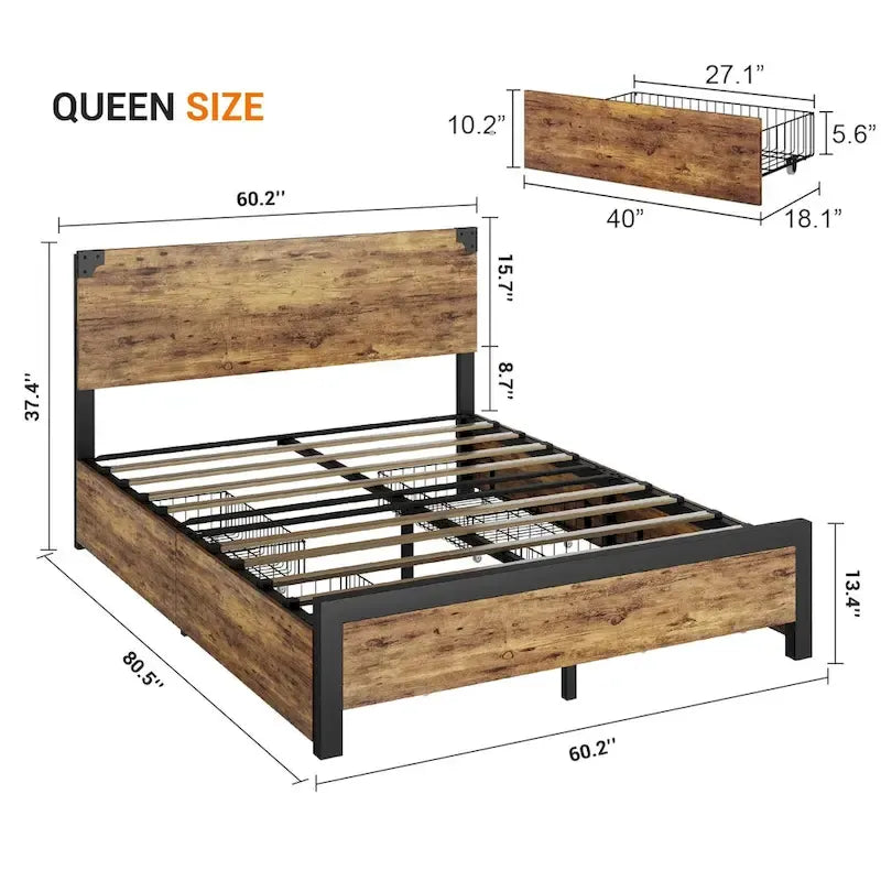 Metal Platform Bed Frame with 4 Storage Drawers, Wooden Headboard