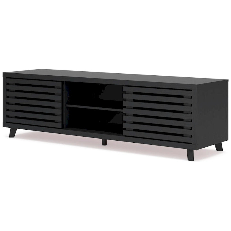 Große TV-Medienkonsole, 4 Regalfächer, schwarze Holzoberfläche, 72 Zoll