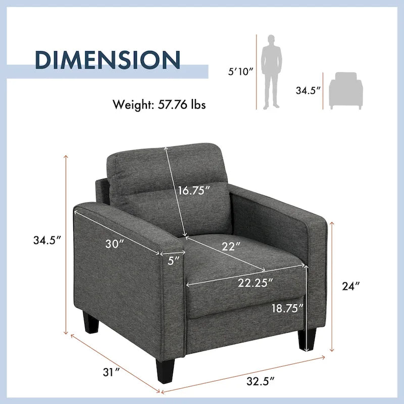 Contemporary Track Arms Chair with Solid Wood Tapered Legs, Upholstered Fabric