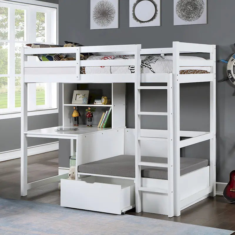 Twin Size Loft Bed with Workstation and Hidden Storage
