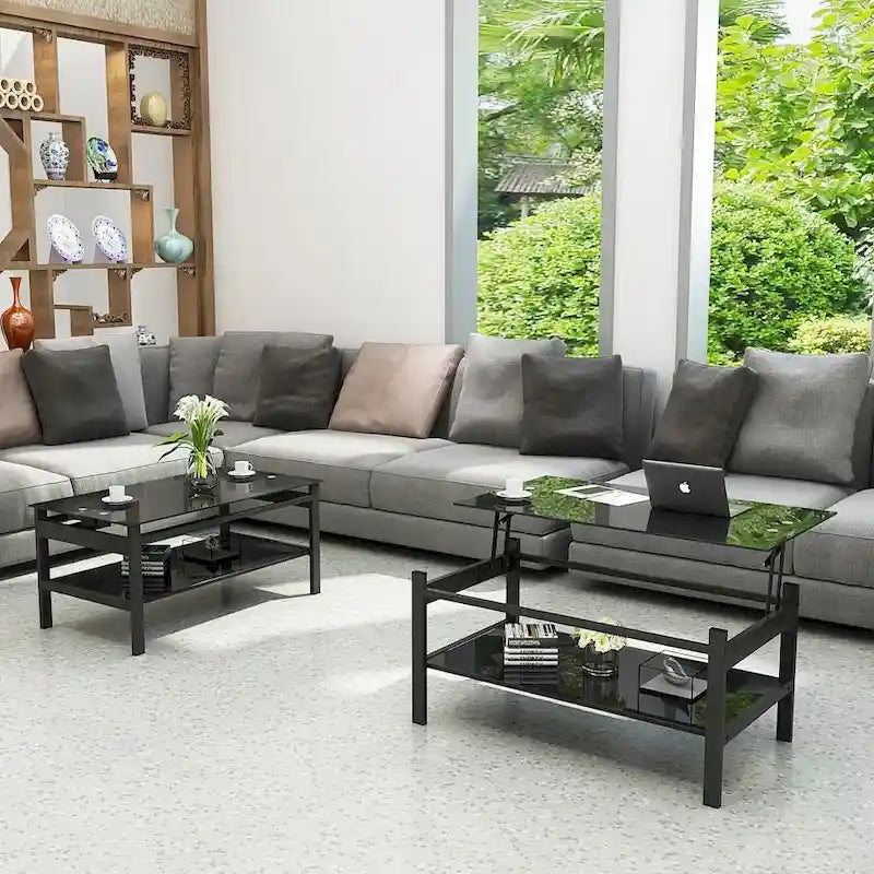 Lift Top Coffee Table with Glass Surface, Black