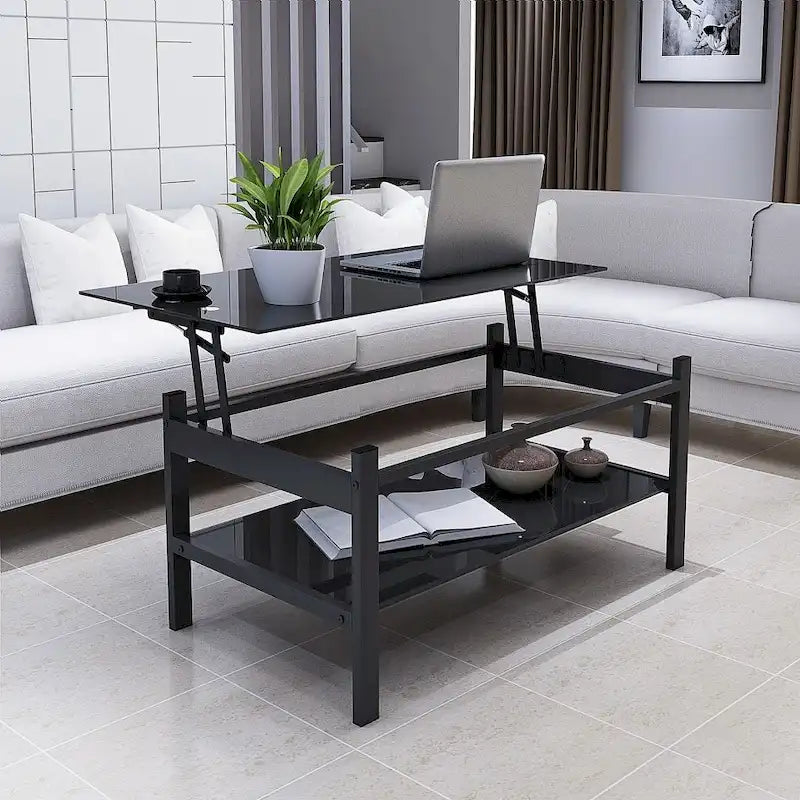 Lift Top Coffee Table with Glass Surface, Black