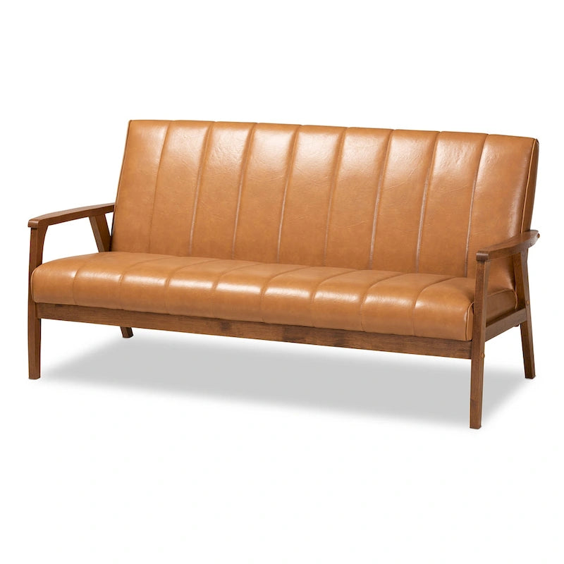 Tan Faux Leather and Walnut Wood Sofa