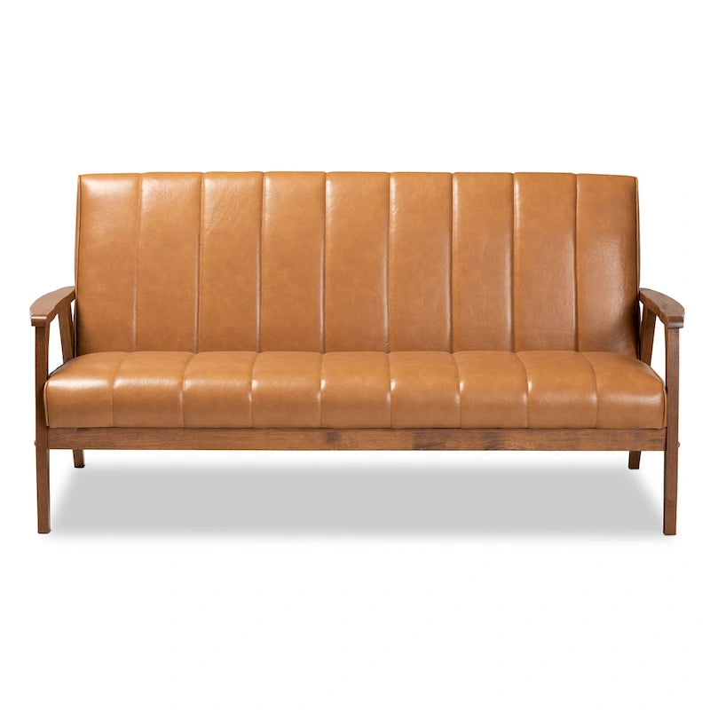 Tan Faux Leather and Walnut Wood Sofa