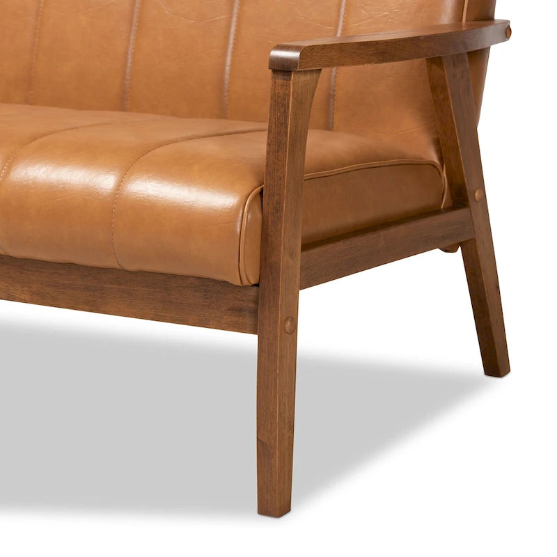 Bank van beige kunstleer en walnotenhout