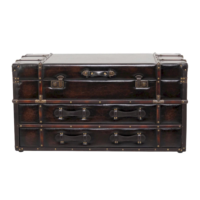Faux Leather Trunk 2 Drawer Coffee Table with Buckle Hinged Top - Dark Blue or Brown