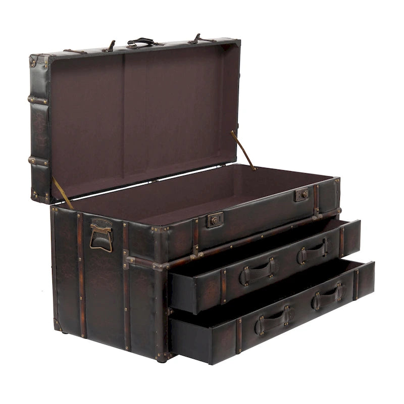 Faux Leather Trunk 2 Drawer Coffee Table with Buckle Hinged Top - Dark Blue or Brown