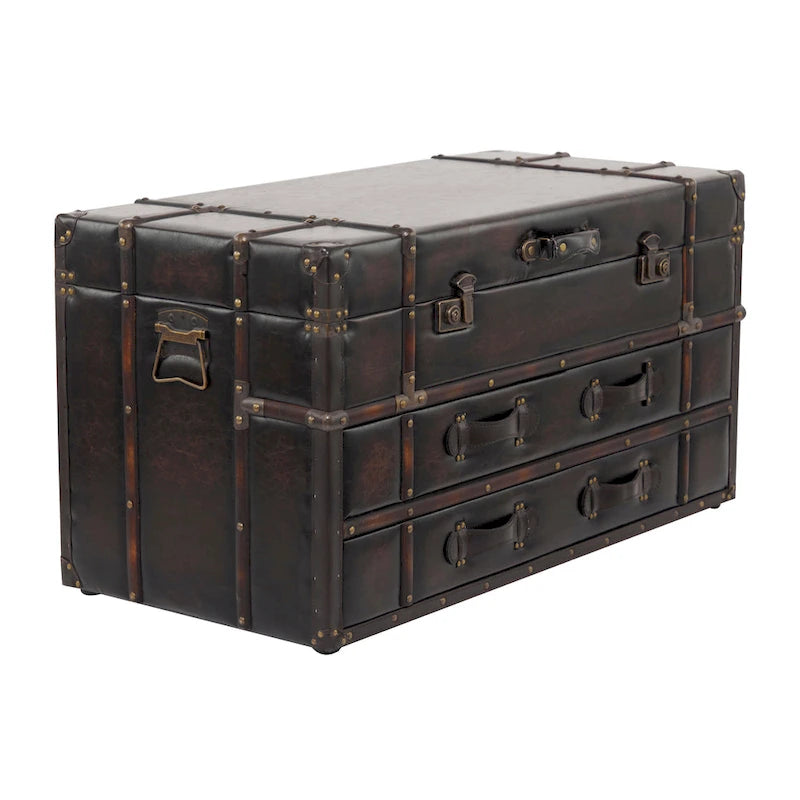 Faux Leather Trunk 2 Drawer Coffee Table with Buckle Hinged Top - Dark Blue or Brown