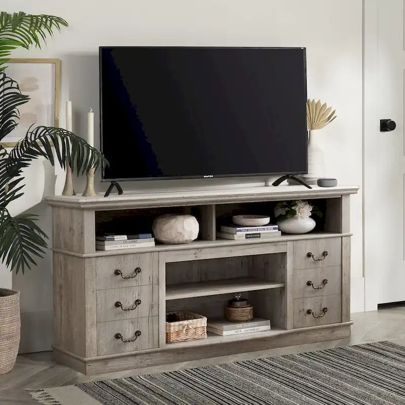 60W Retro TV Stand Entertainment Center, 2 Cabinets & Open Shelves