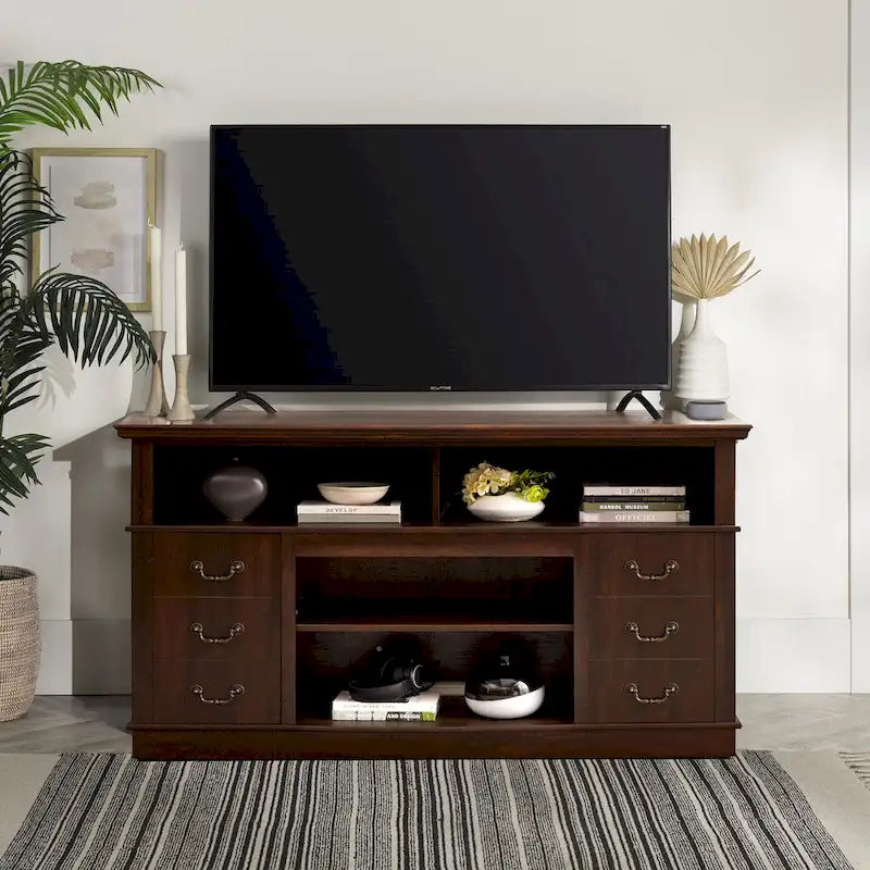 60W Retro TV Stand Entertainment Center, 2 Cabinets & Open Shelves