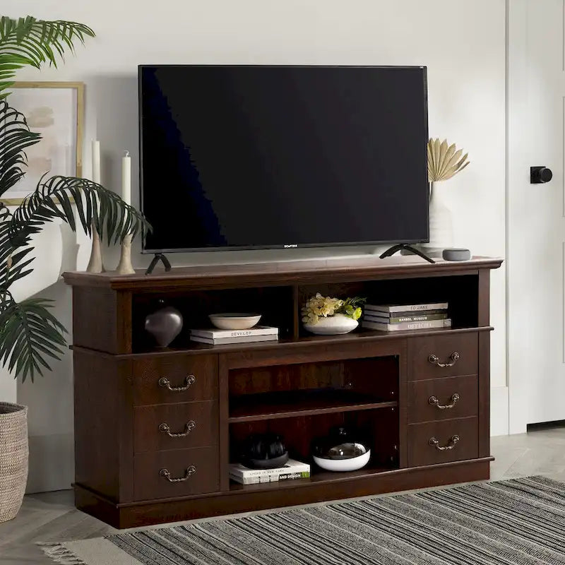 60W Retro TV Stand Entertainment Center, 2 Cabinets & Open Shelves