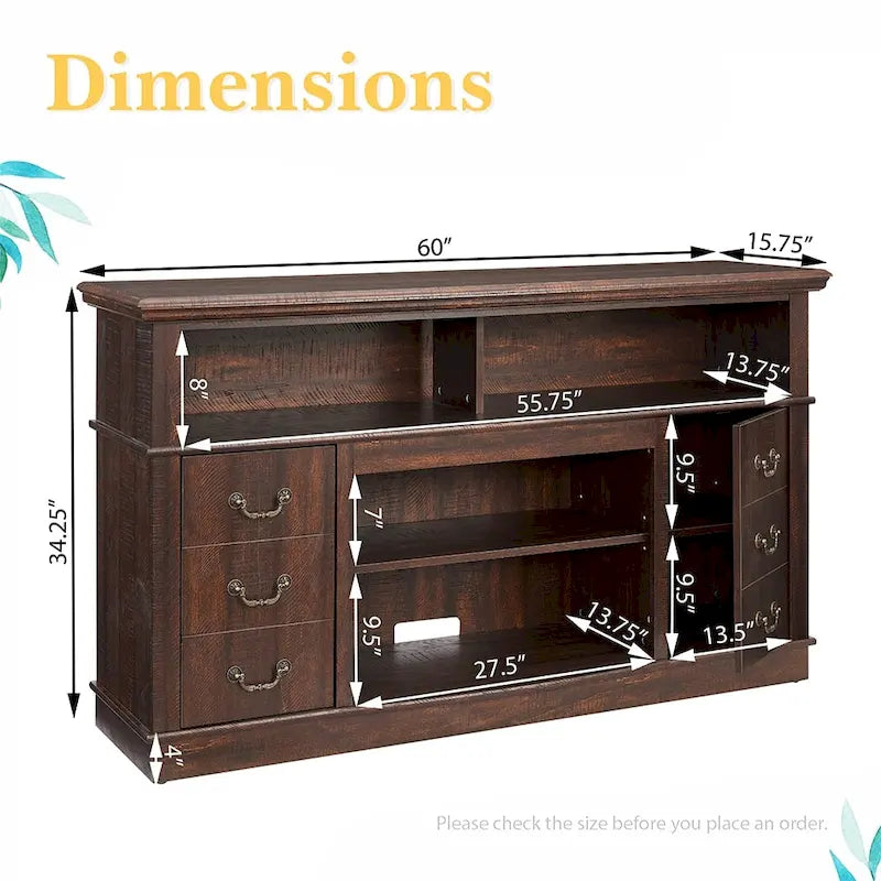 60W Retro TV Stand Entertainment Center, 2 Cabinets & Open Shelves