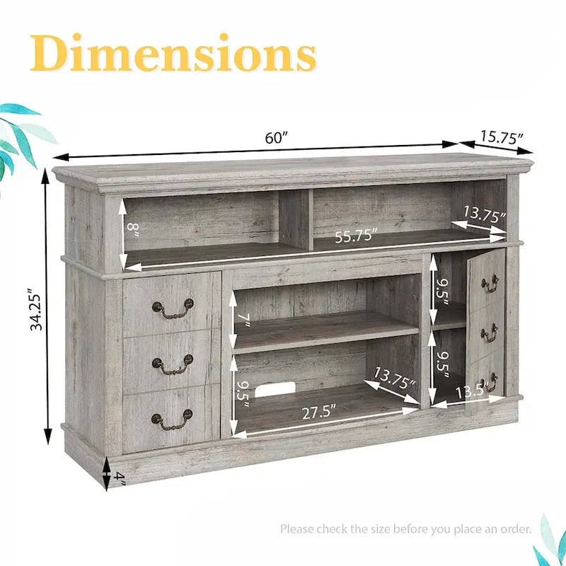 60W Retro TV Stand Entertainment Center, 2 Cabinets & Open Shelves