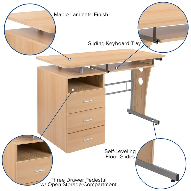 Computertisch mit 3 Schubladen und Tastaturablage