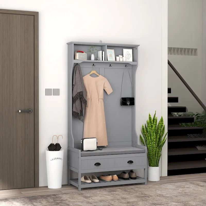 Coat Rack and Bench Hall Tree Organizer with 4 Hooks, 2 Drawers with Padded Seat Cushions for Entryway, Gray