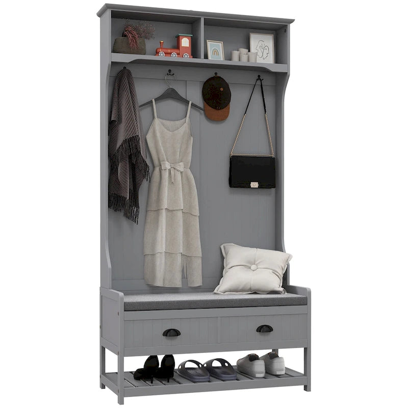 Coat Rack and Bench Hall Tree Organizer with 4 Hooks, 2 Drawers with Padded Seat Cushions for Entryway, Gray