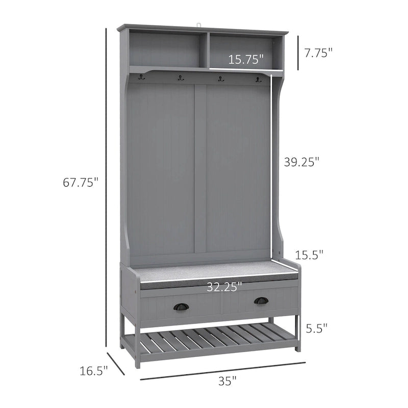 Coat Rack and Bench Hall Tree Organizer with 4 Hooks, 2 Drawers with Padded Seat Cushions for Entryway, Gray