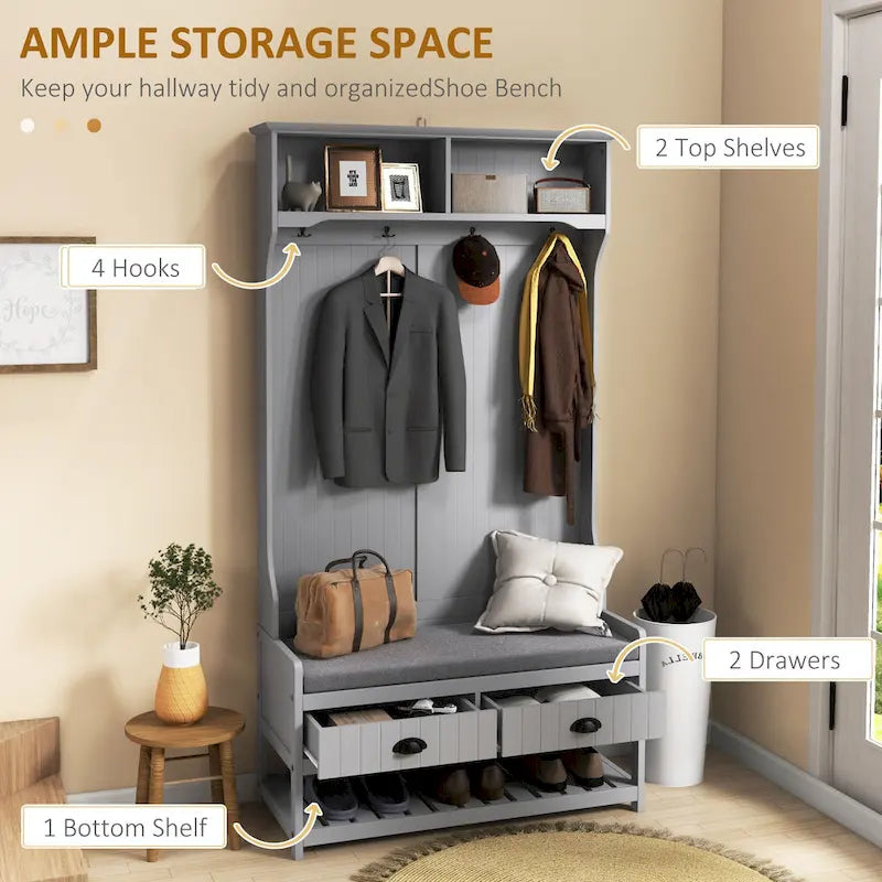 Coat Rack and Bench Hall Tree Organizer with 4 Hooks, 2 Drawers with Padded Seat Cushions for Entryway, Gray