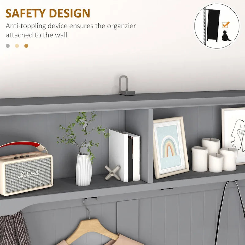 Coat Rack and Bench Hall Tree Organizer with 4 Hooks, 2 Drawers with Padded Seat Cushions for Entryway, Gray