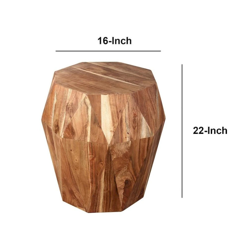 Gefacetteerd, handgemaakt bijzettafeltje van acaciahout met achthoekig blad, naturelbruin - 16L x 16B x 21.5H