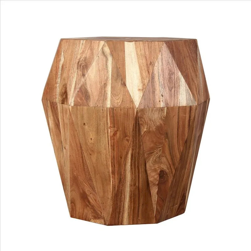 Gefacetteerd, handgemaakt bijzettafeltje van acaciahout met achthoekig blad, naturelbruin - 16L x 16B x 21.5H