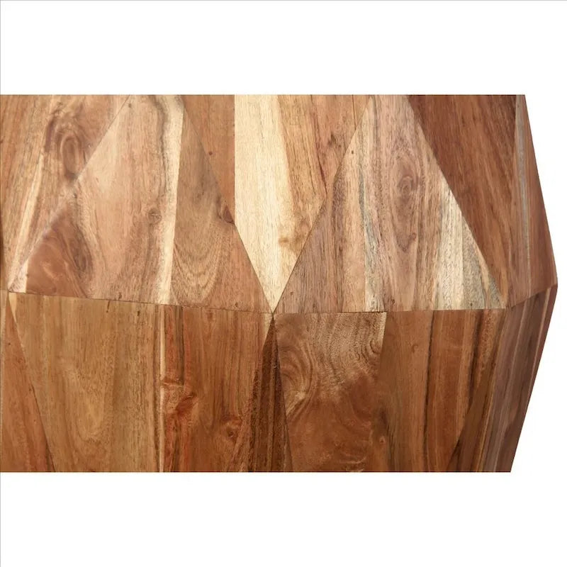 Faceted Handcrafted Acacia Wood Side End Table with Octagonal Top, Natural Brown - 16L x 16W x 21.5H
