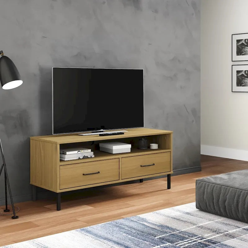 TV Stand with Metal Legs Solid Wood Pine - 41.7 x 15.7 x 18.3