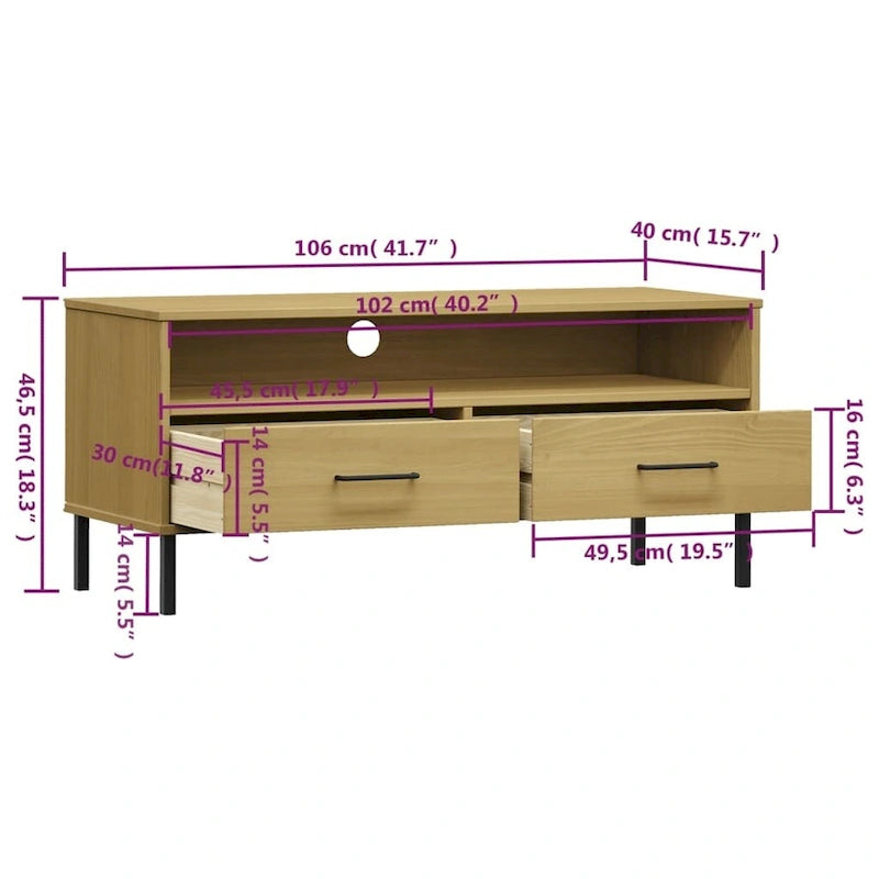 TV Stand with Metal Legs Solid Wood Pine - 41.7 x 15.7 x 18.3