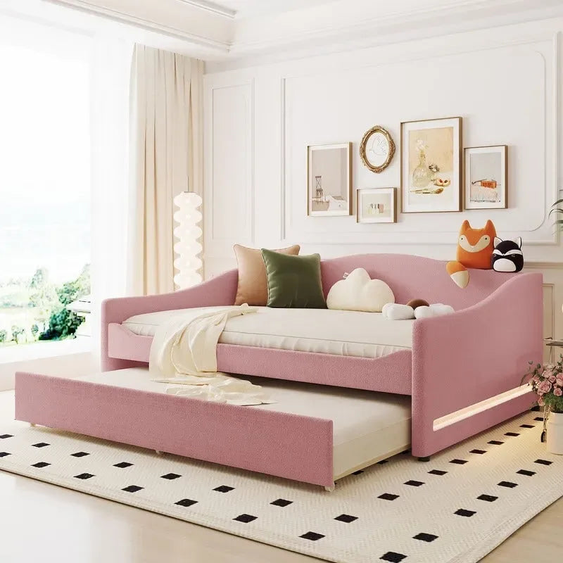Full Size Upholstered Daybed with LED Light and Trundle