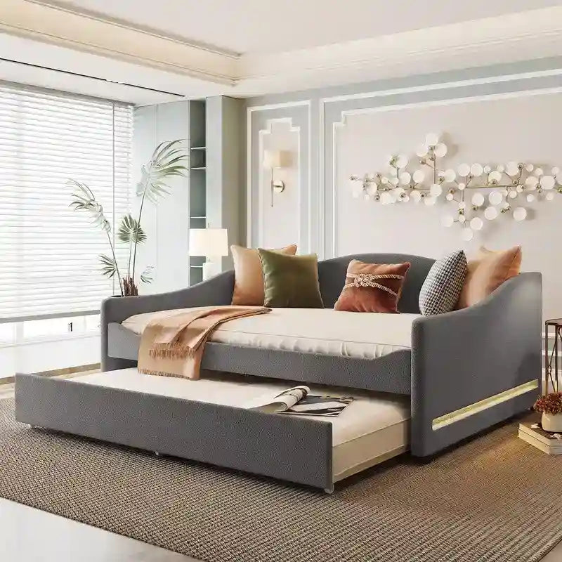 Full Size Upholstered Daybed with LED Light and Trundle