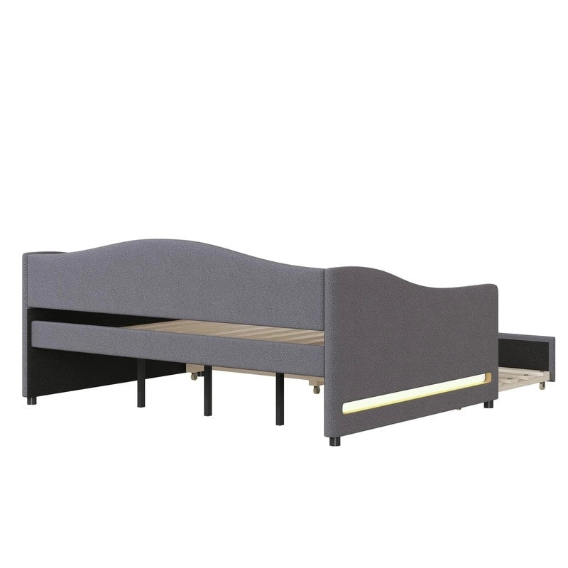 Full Size Upholstered Daybed with LED Light and Trundle
