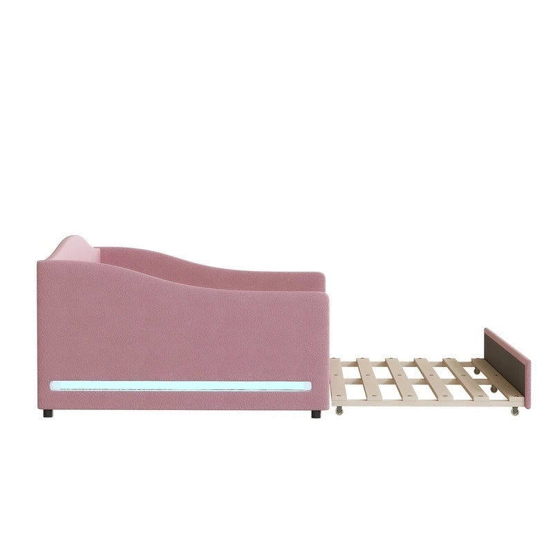 Full Size Upholstered Daybed with LED Light and Trundle
