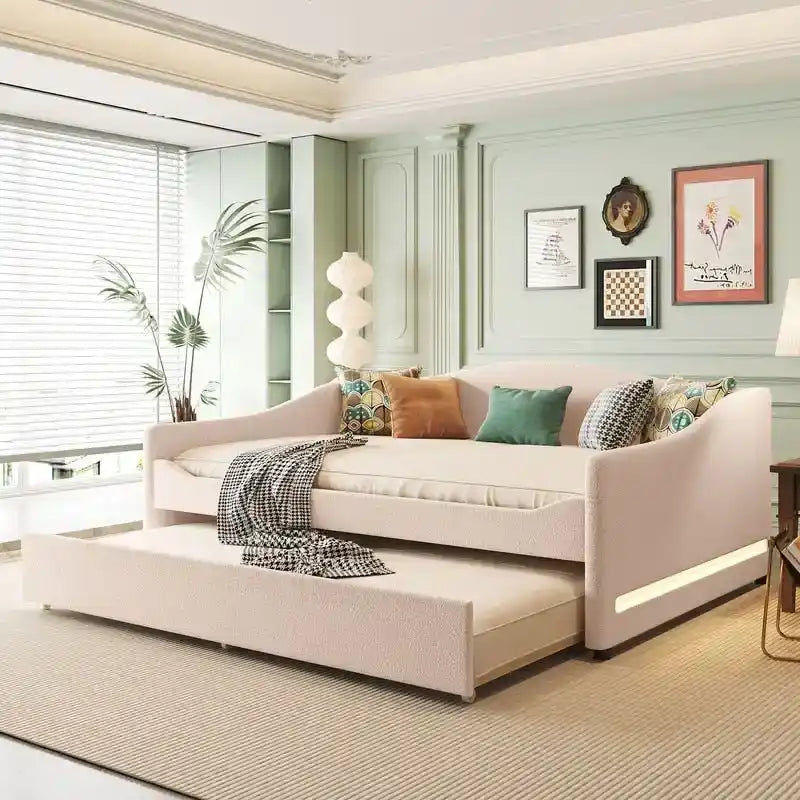 Full Size Upholstered Daybed with LED Light and Trundle