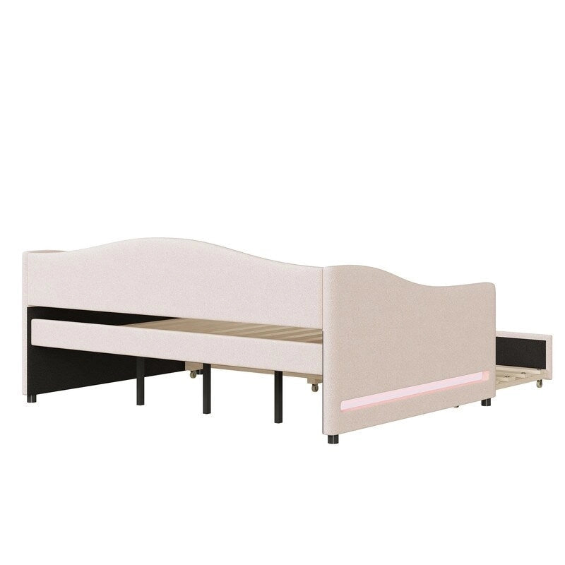 Full Size Upholstered Daybed with LED Light and Trundle